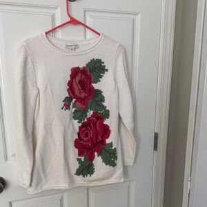 Coldwater Creek White Sweater with Red Floral Design